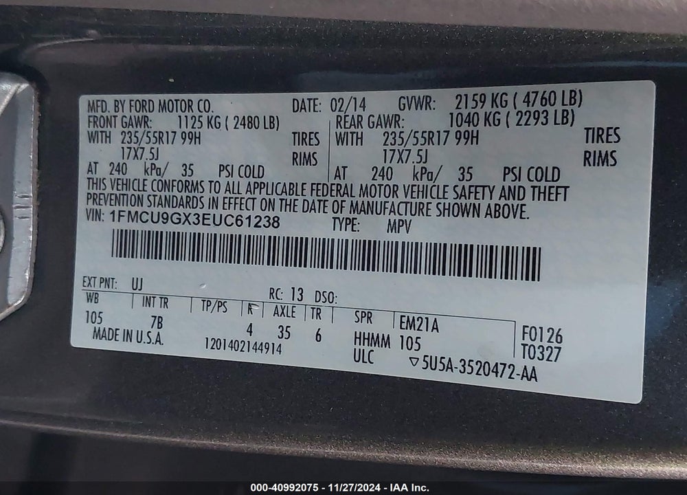 2014 FORD ESCAPE SE VIN: 1FMCU9GX3EUC61238