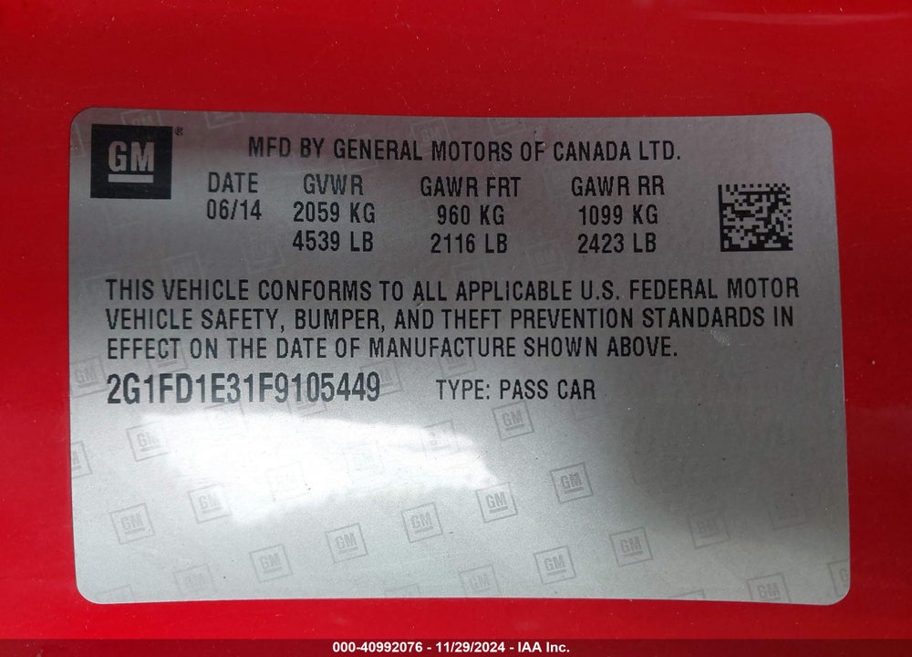 2015 CHEVROLET CAMARO 1LT VIN: 2G1FD1E31F9105449