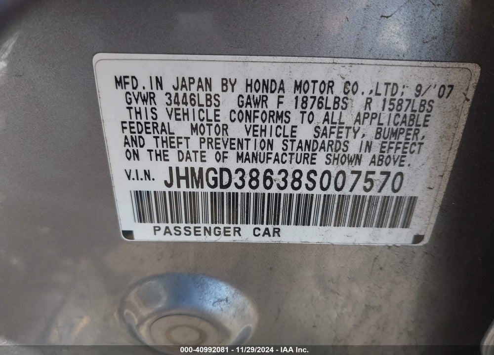 2008 HONDA FIT SPORT VIN: JHMGD38638S007570