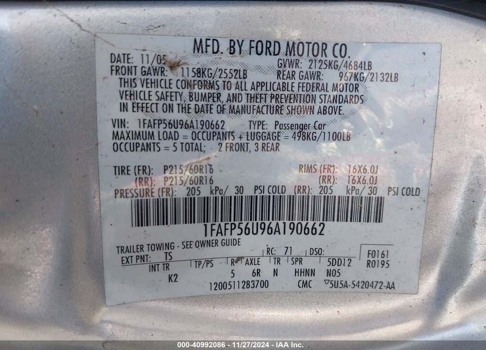2006 FORD TAURUS SEL VIN: 1FAFP56U96A190662