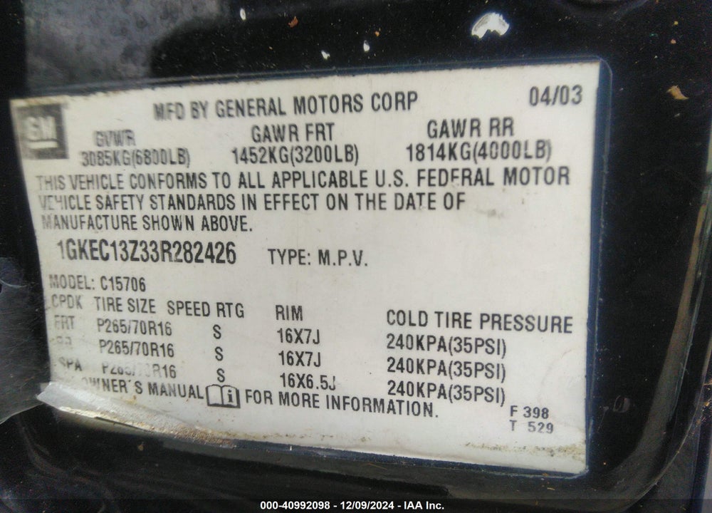 2003 GMC YUKON SLT VIN: 1GKEC13Z33R282426