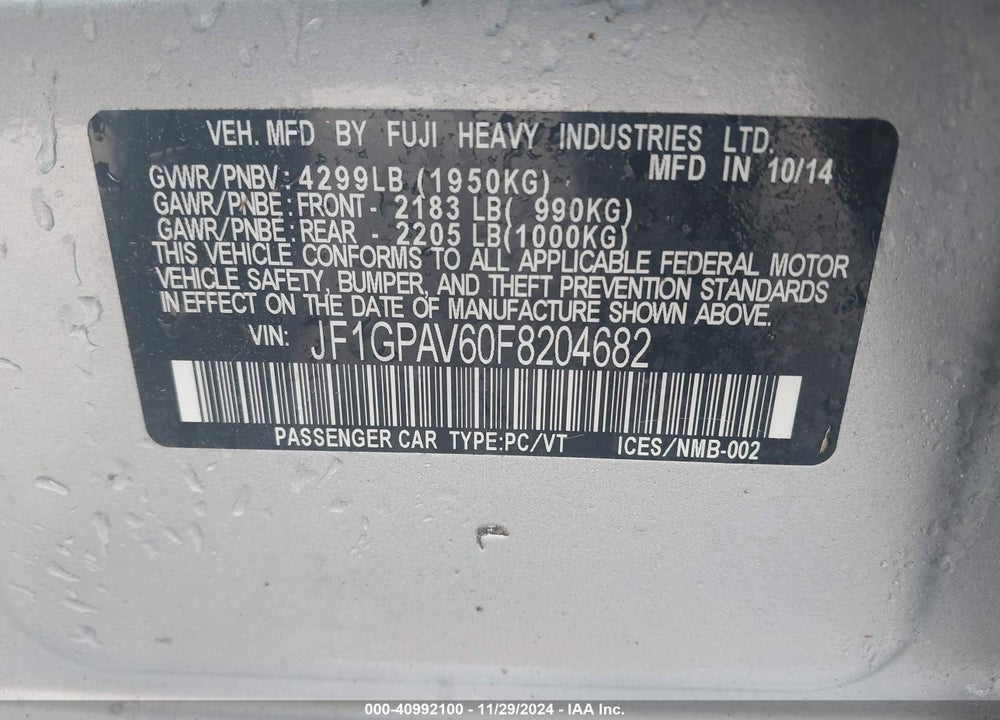 2015 SUBARU IMPREZA 2.0I SPORT LIMITED VIN: JF1GPAV60F8204682