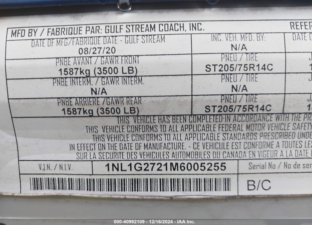 2021 GULFSTREAM FIFTH WHEEL VIN: 1NL1G2721M6005255