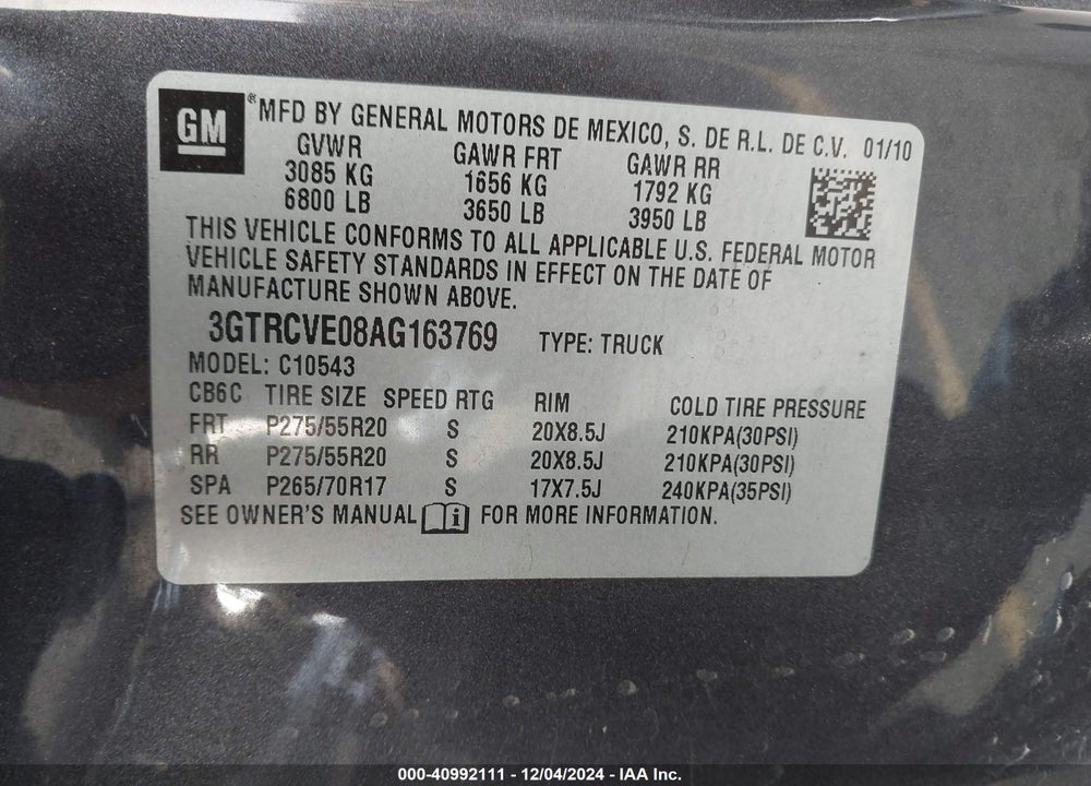 2010 GMC SIERRA 1500 SLE VIN: 3GTRCVE08AG163769