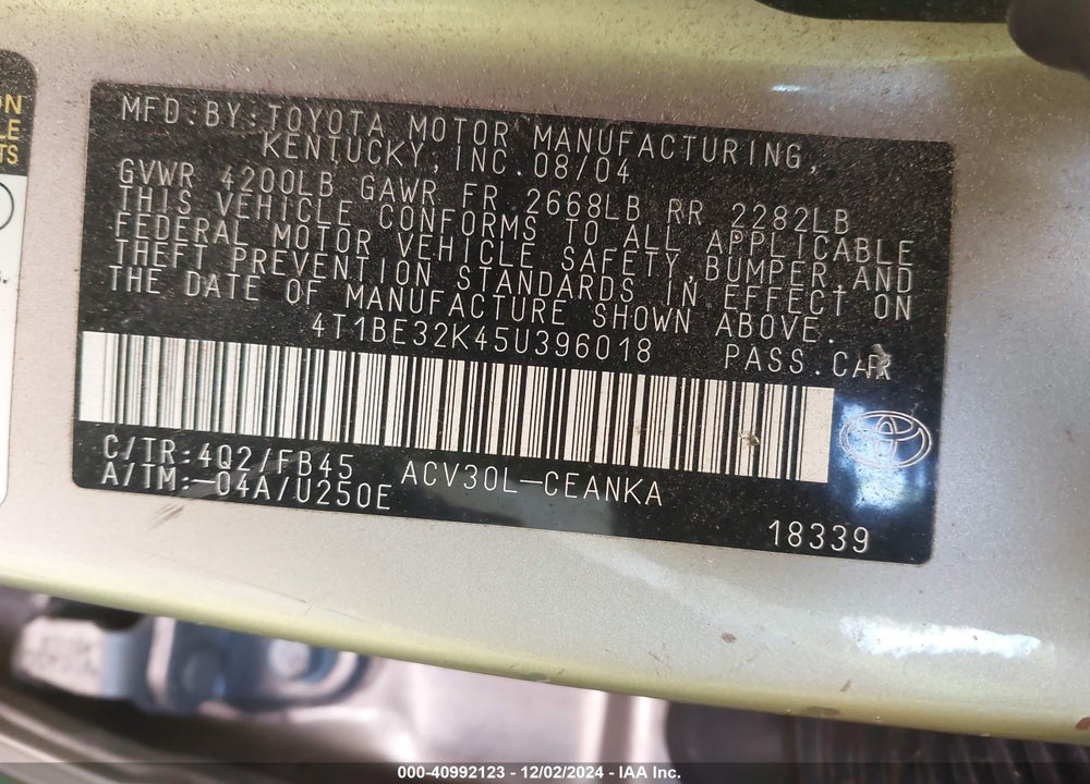 2005 TOYOTA CAMRY LE VIN: 4T1BE32K45U396018