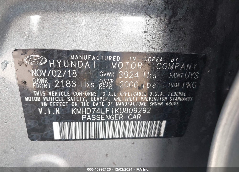2019 HYUNDAI ELANTRA SE VIN: KMHD74LF1KU809292