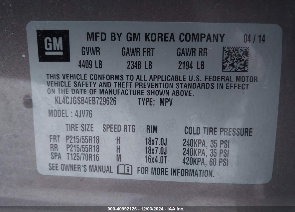 2014 BUICK ENCORE LEATHER VIN: KL4CJGSB4EB729626