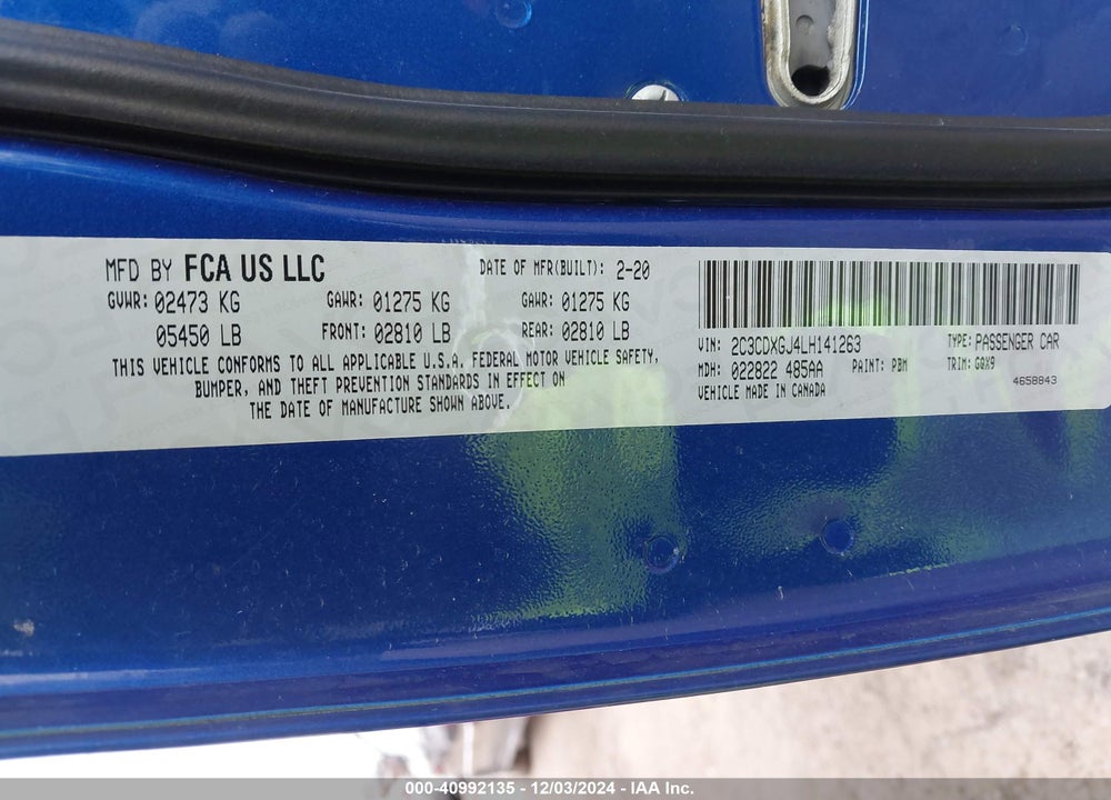 2020 DODGE CHARGER VIN: 2C3CDXGJ4LH141263