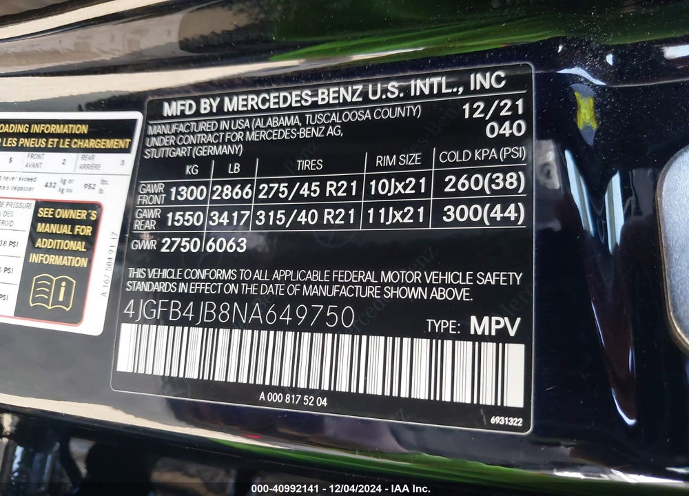 2022 MERCEDES-BENZ GLE 350 VIN: 4JGFB4JB8NA649750