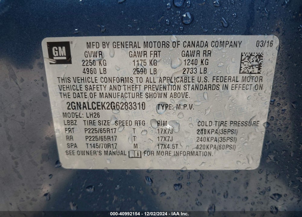 2016 CHEVROLET EQUINOX LT VIN: 2GNALCEK2G6283310