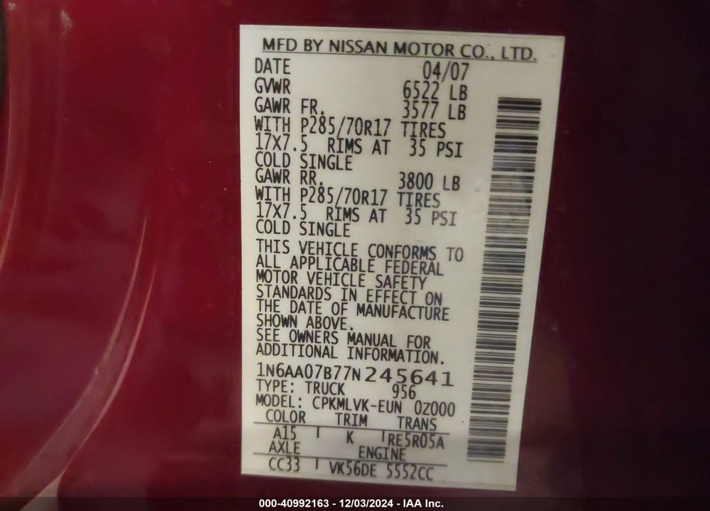 2007 NISSAN TITAN LE VIN: 1N6AA07B77N245641
