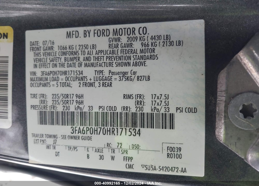 2017 FORD FUSION VIN: 3FA6P0H70HR171534