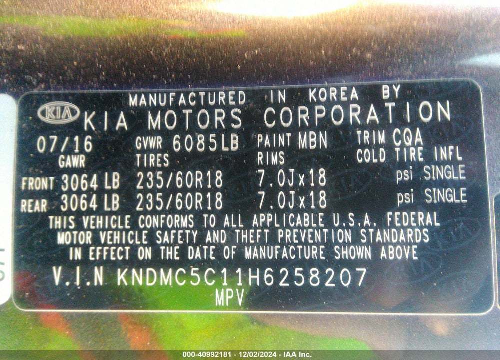 2017 KIA SEDONA EX VIN: KNDMC5C11H6258207