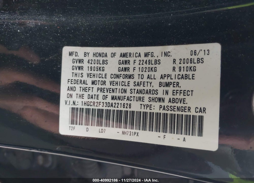 2013 HONDA ACCORD LX VIN: 1HGCR2F33DA221626