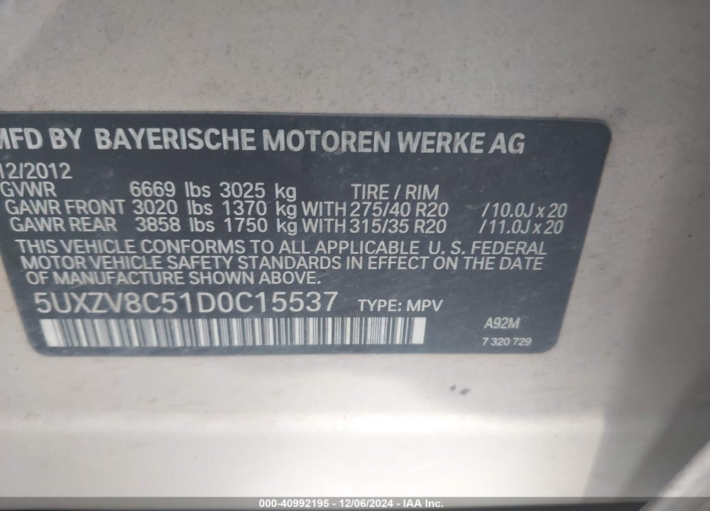 2013 BMW X5 XDRIVE50I VIN: 5UXZV8C51D0C15537