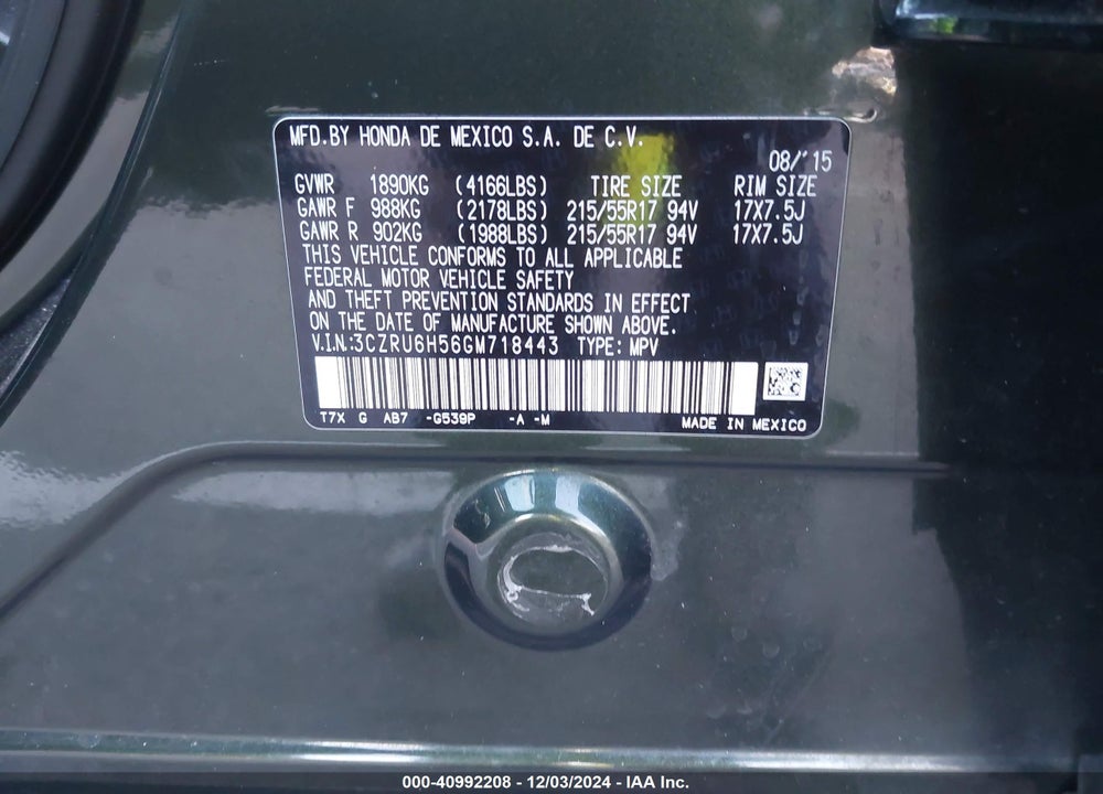 2016 HONDA HR-V EX VIN: 3CZRU6H56GM718443
