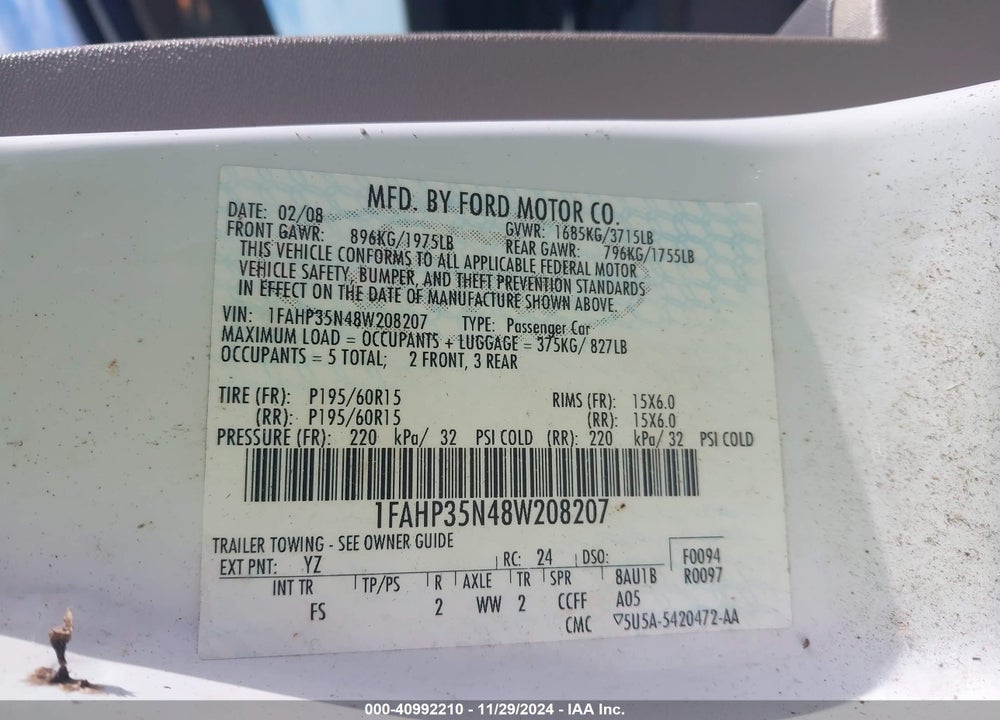 2008 FORD FOCUS SE/SES VIN: 1FAHP35N48W208207