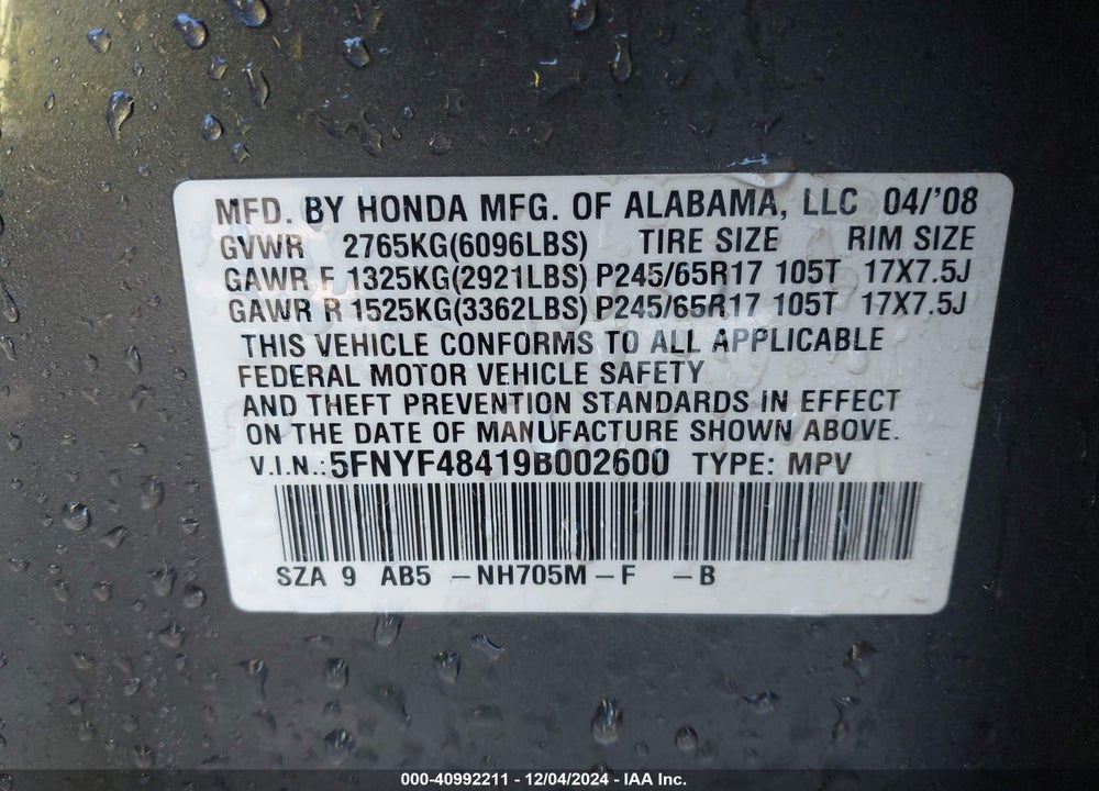 2009 HONDA PILOT EX VIN: 5FNYF48419B002600