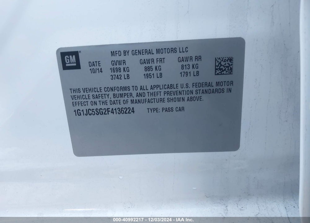 2015 CHEVROLET SONIC LT AUTO VIN: 1G1JC5SG2F4136224