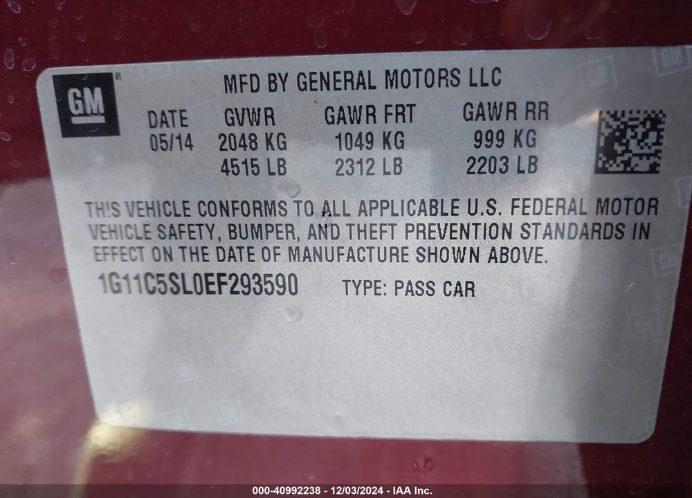 2014 CHEVROLET MALIBU 1LT VIN: 1G11C5SL0EF293590
