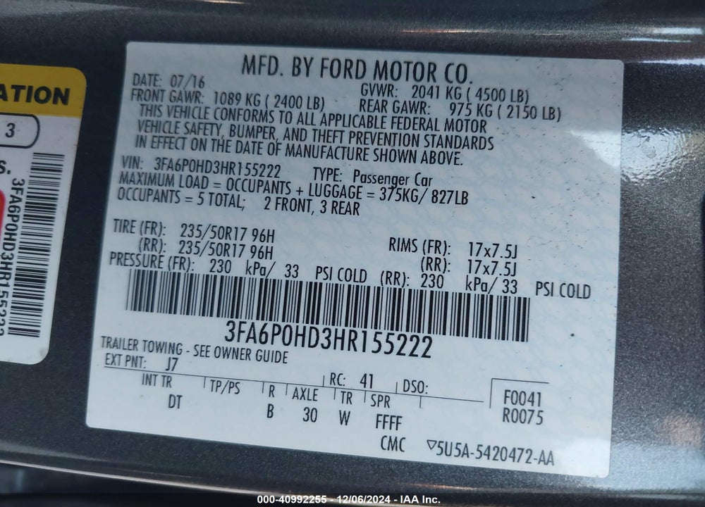 2017 FORD FUSION VIN: 3FA6P0HD3HR155222