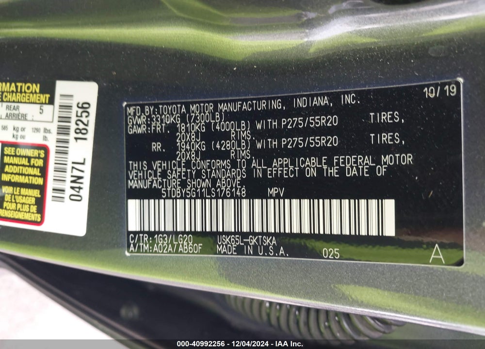 2020 TOYOTA SEQUOIA SR5/TRD SPORT/TRD PRO VIN: 5TDBY5G11LS176148