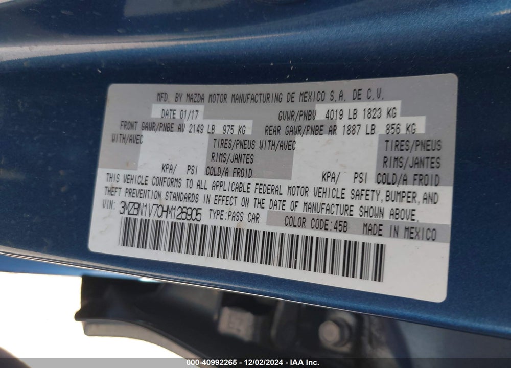 2017 MAZDA 3 TOURING VIN: 3MZBN1V70HM126905