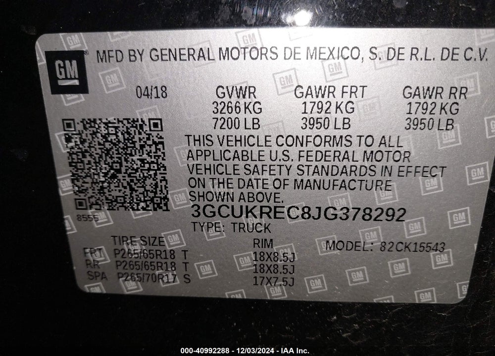 2018 CHEVROLET SILVERADO 1500 VIN: 3GCUKREC8JG378292