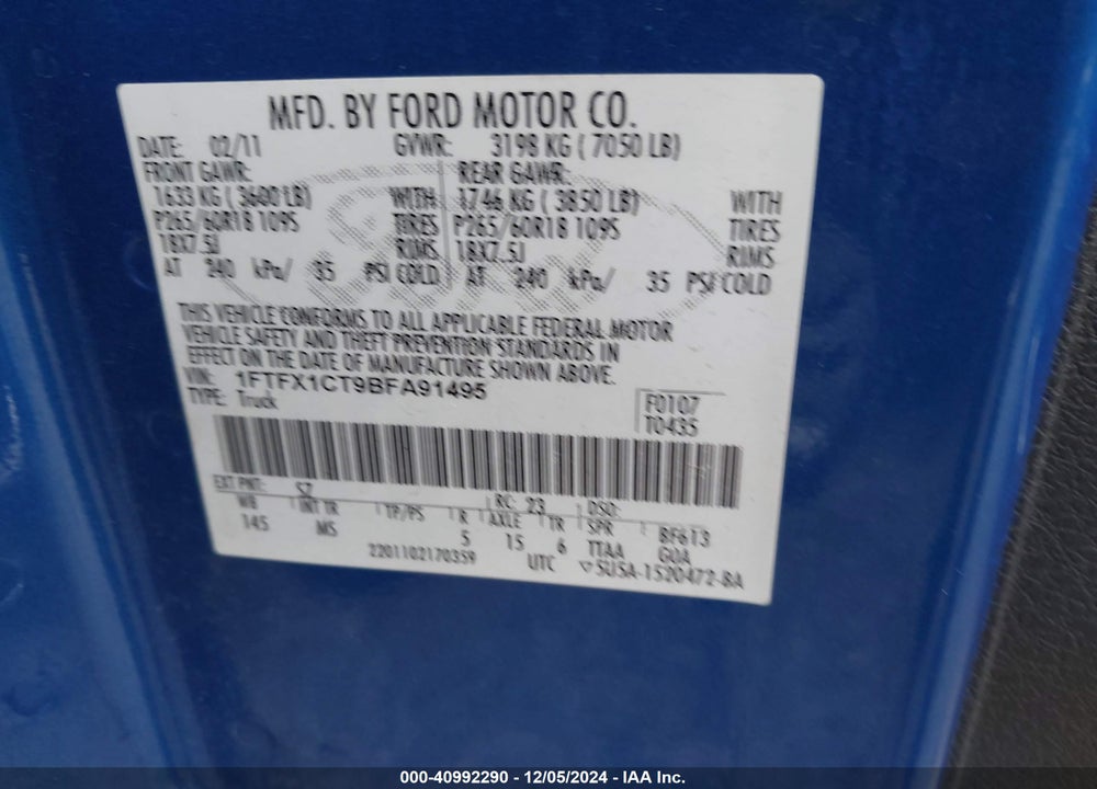 2011 FORD F150 VIN: 1FTFX1CT9BFA91495