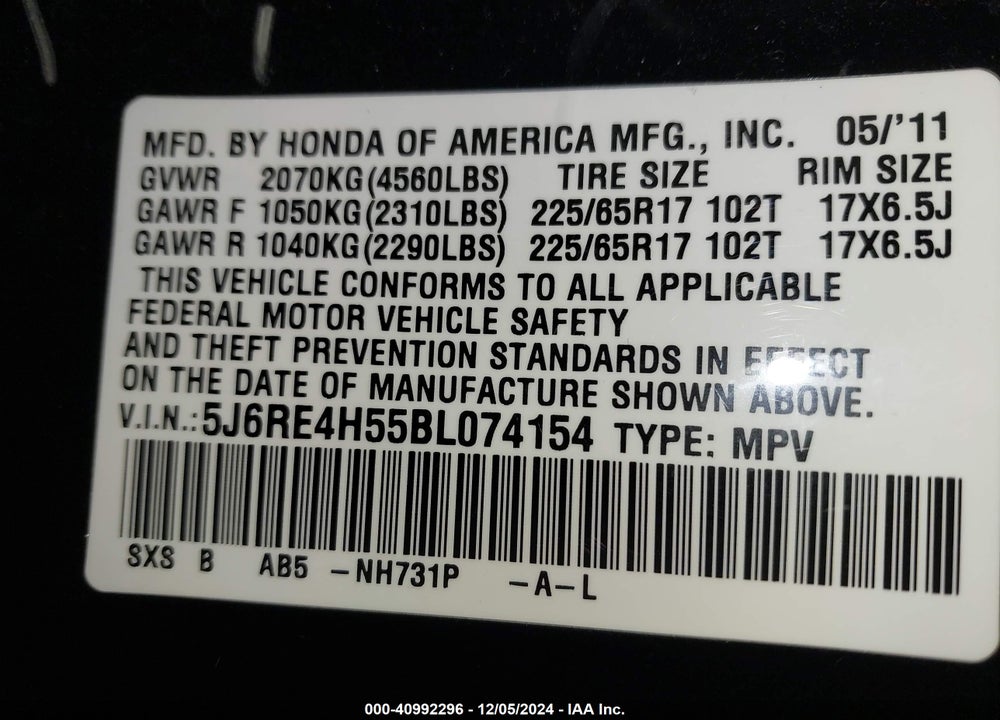 2011 HONDA CR-V EX VIN: 5J6RE4H55BL074154