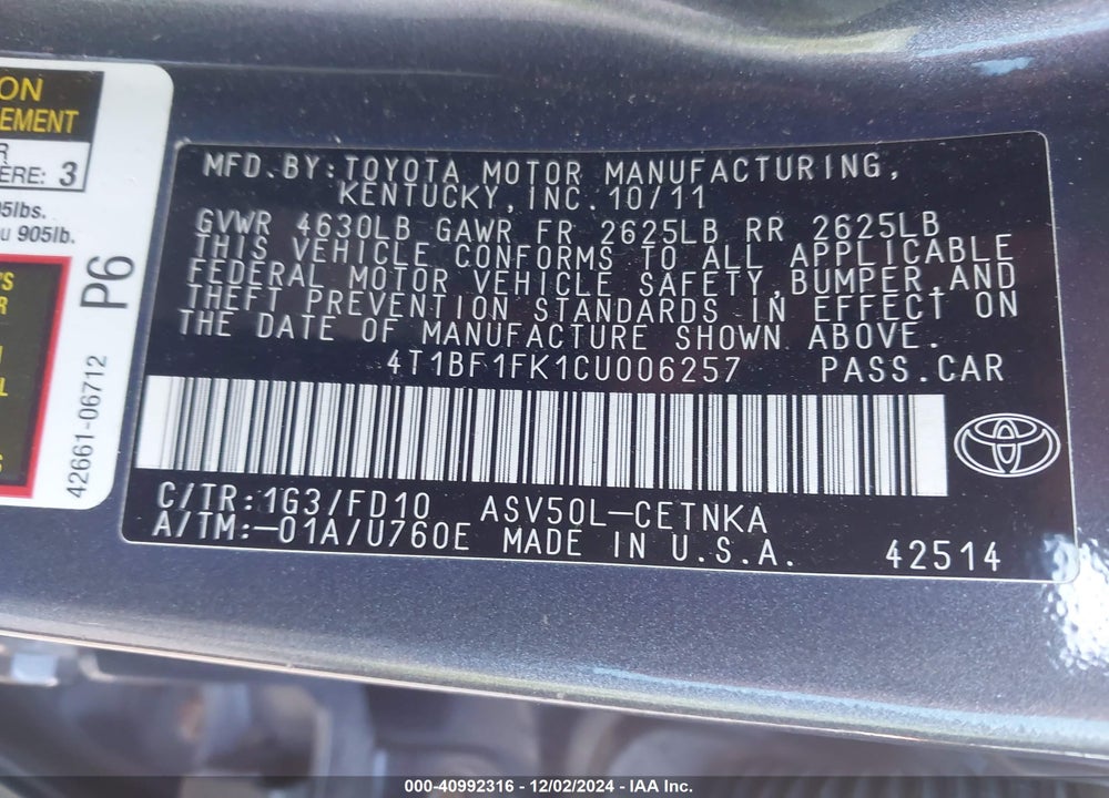 2012 TOYOTA CAMRY VIN: 4T1BF1FK1CU006257