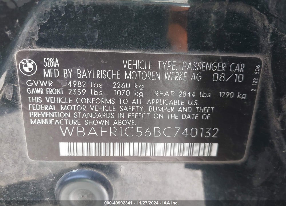 2011 BMW 528I VIN: WBAFR1C56BC740132
