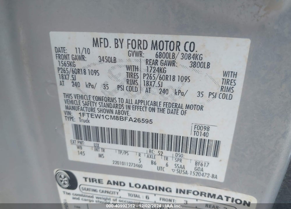 2011 FORD F-150 VIN: 1FTEW1CM8BFA26595