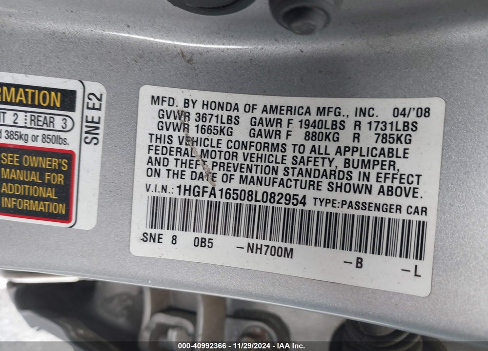 2008 HONDA CIVIC LX VIN: 1HGFA16508L082954