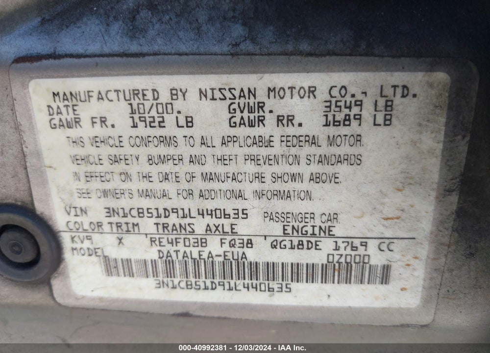 2001 NISSAN SENTRA GXE VIN: 3N1CB51D91L440635