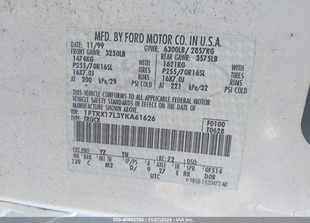 2000 FORD F-150 LARIAT/WORK SERIES/XL/XLT VIN: 1FTRX17L3YKA61626
