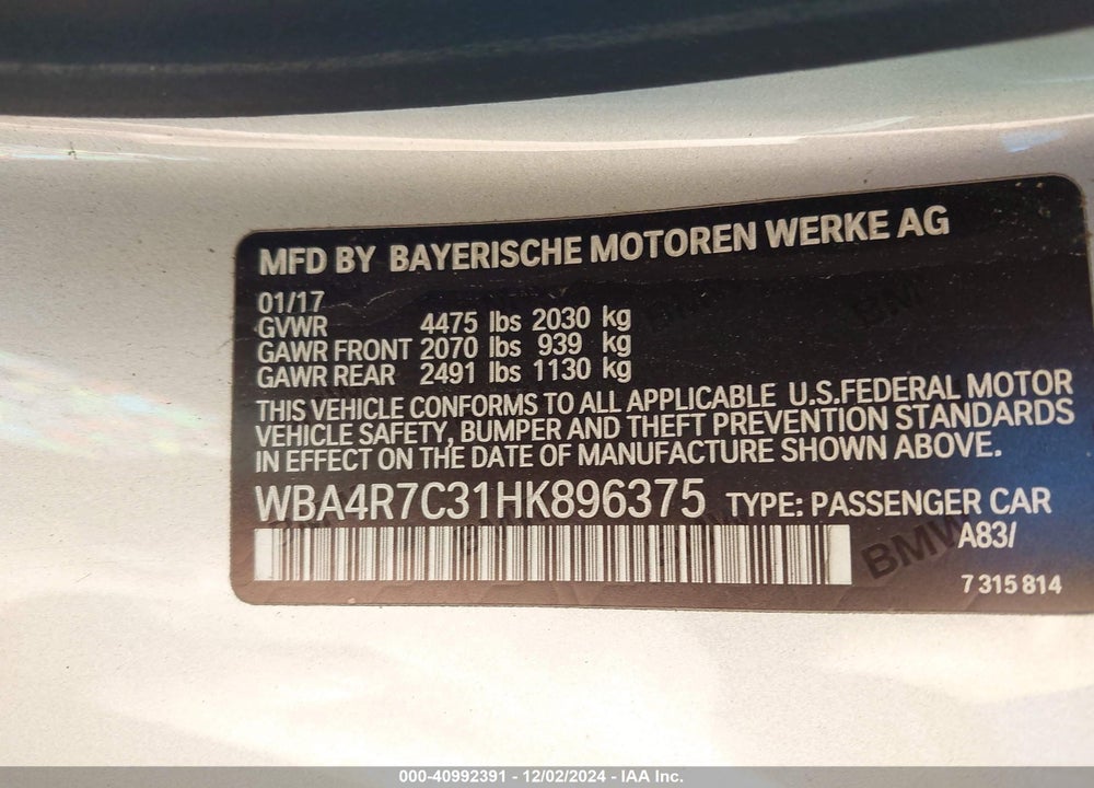2017 BMW 430I VIN: WBA4R7C31HK896375