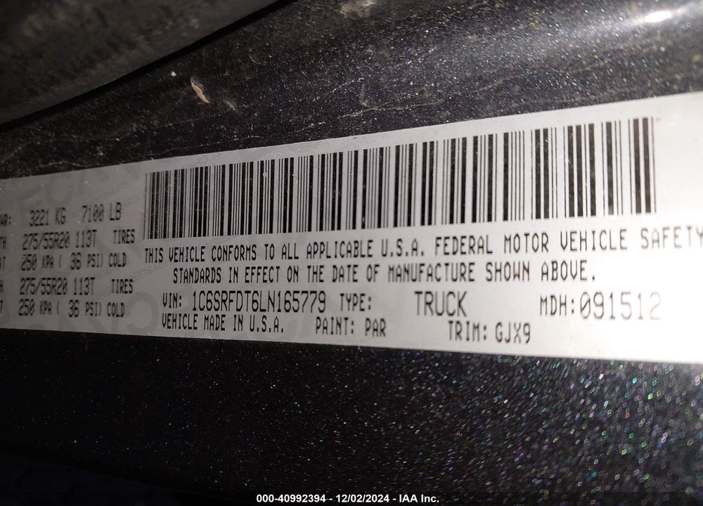 2020 RAM 1500 LAIE  4X4 6'4 BOX VIN: 1C6SRFDT6LN165779