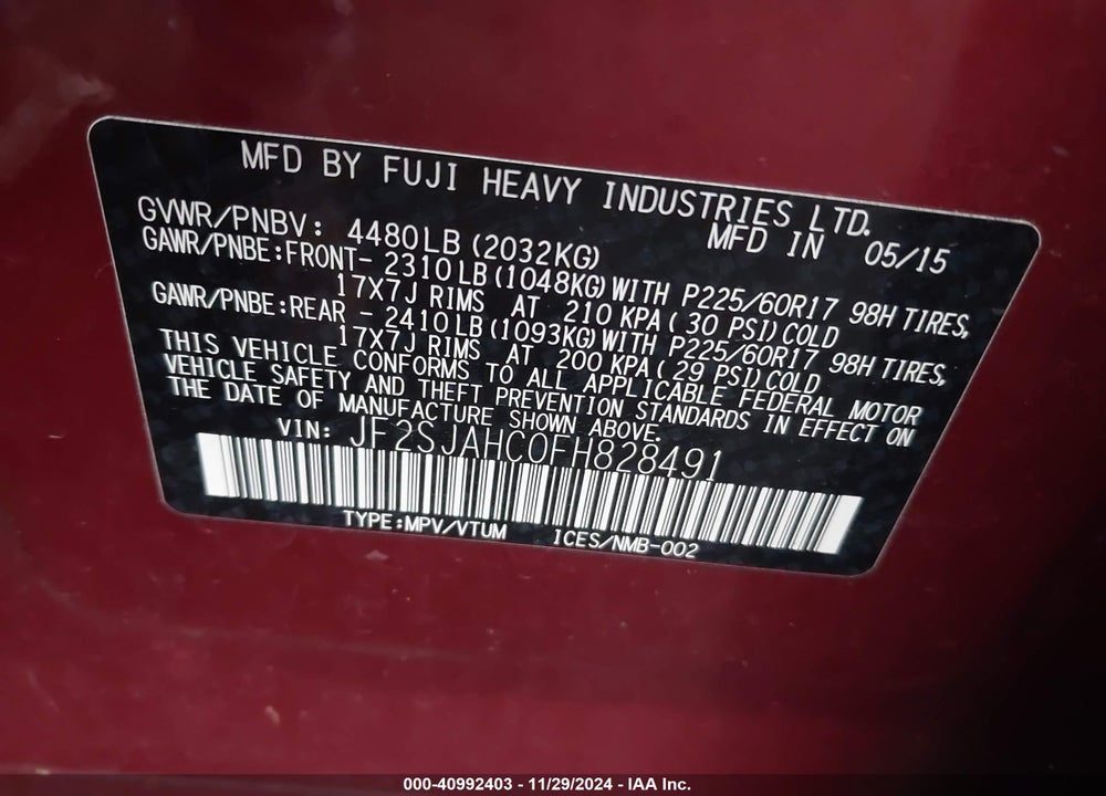 2015 SUBARU FORESTER 2.5I LIMITED VIN: JF2SJAHC0FH828491