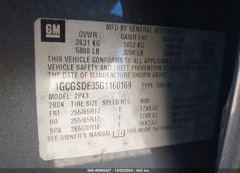 2016 CHEVROLET COLORADO Z71 VIN: 1GCGSDE35G1160169