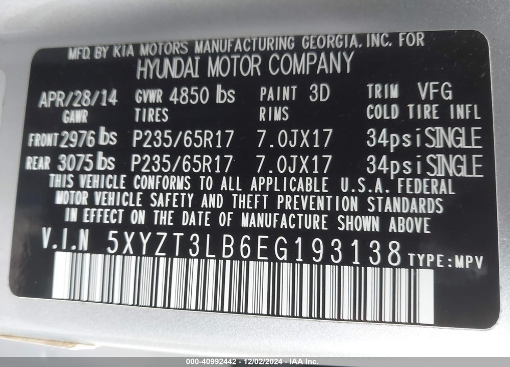 2014 HYUNDAI SANTA FE SPORT 2.4L VIN: 5XYZT3LB6EG193138