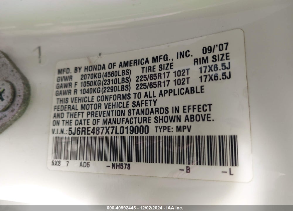 2007 HONDA CR-V EX-L VIN: 5J6RE487X7L019000