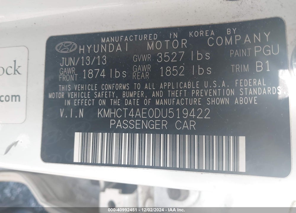 2013 HYUNDAI ACCENT VIN: KMHCT4AE0DU519422