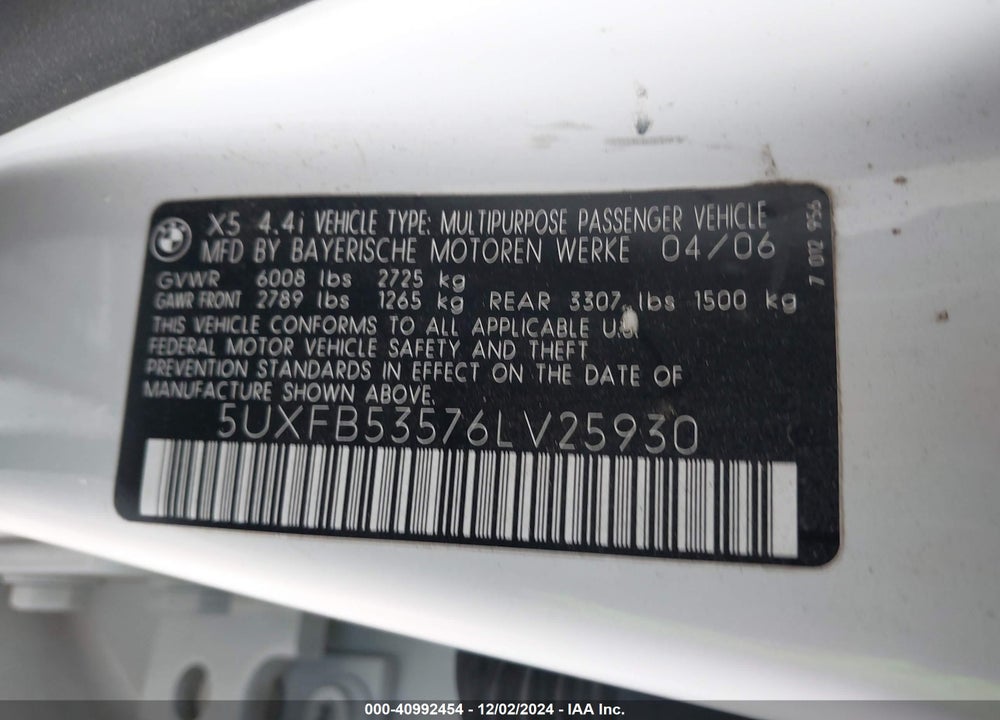 2006 BMW X5 4.4I VIN: 5UXFB53576LV25930
