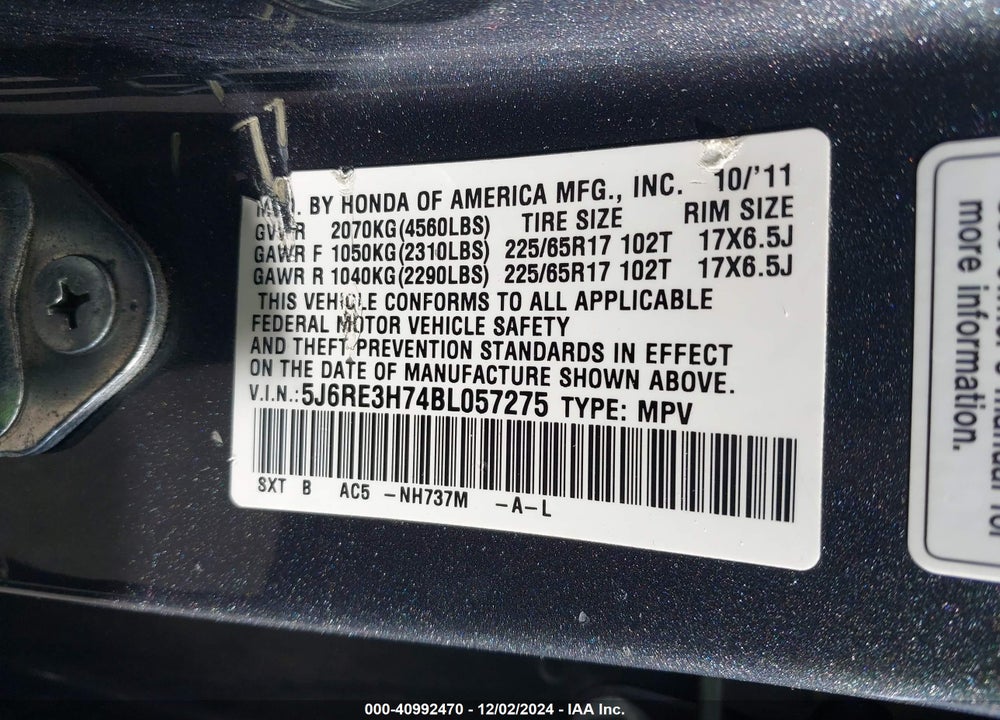 2011 HONDA CR-V EX-L VIN: 5J6RE3H74BL057275