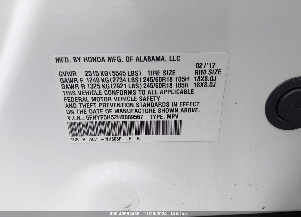 2017 HONDA PILOT EX-L VIN: 5FNYF5H52HB009567