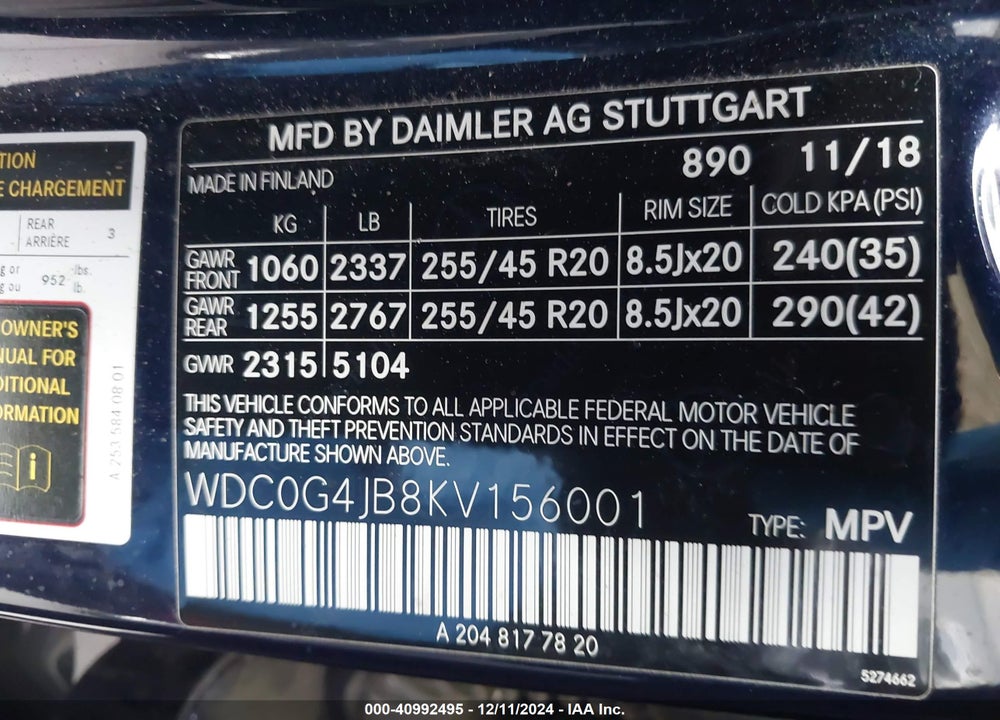 2019 MERCEDES-BENZ GLC 300 VIN: WDC0G4JB8KV156001
