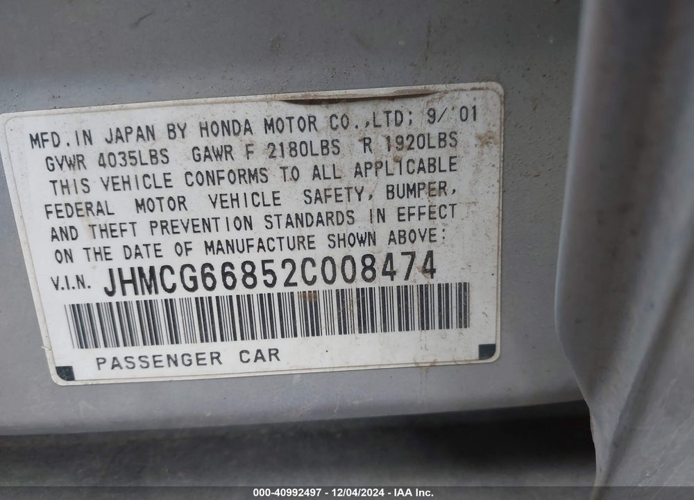 2002 HONDA ACCORD 2.3 EX/2.3 SE VIN: JHMCG66852C008474