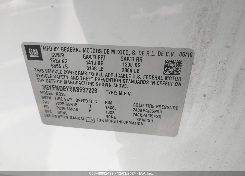 2010 CADILLAC SRX LUXURY COLLECTION VIN: 3GYFNDEY6AS637223