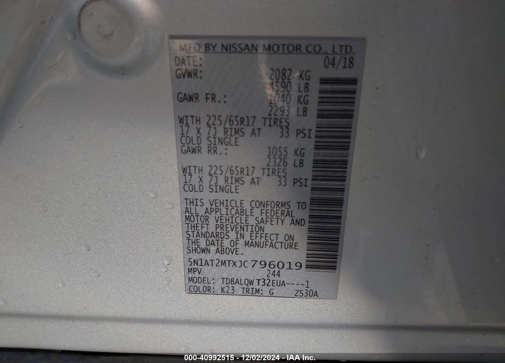 2018 NISSAN ROGUE SV VIN: 5N1AT2MTXJC796019